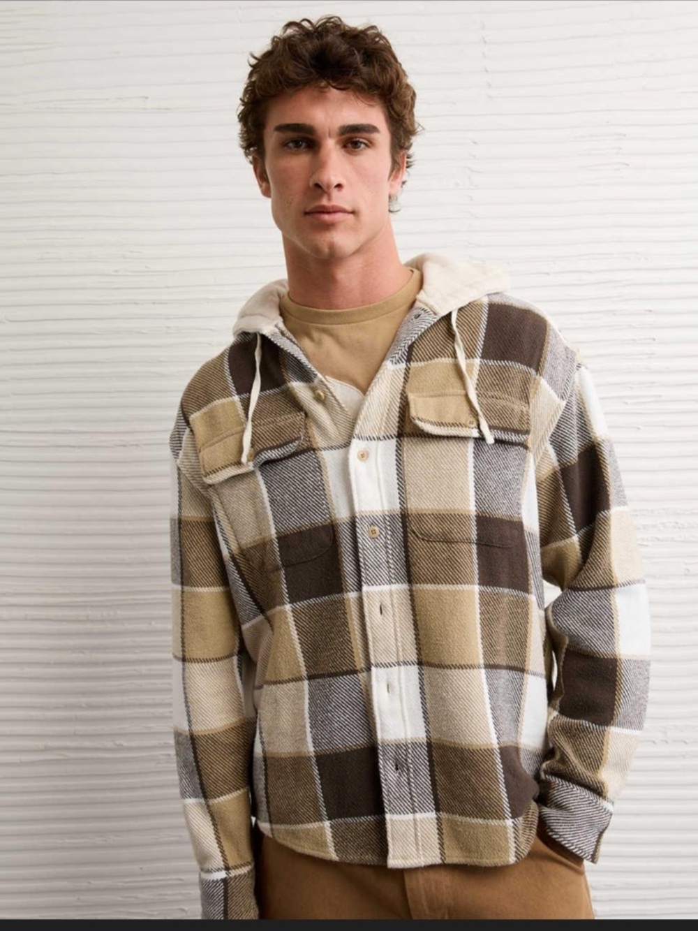American Eagle Plaid Hooded Flannel Shirt Jacket in Brown & Cream
